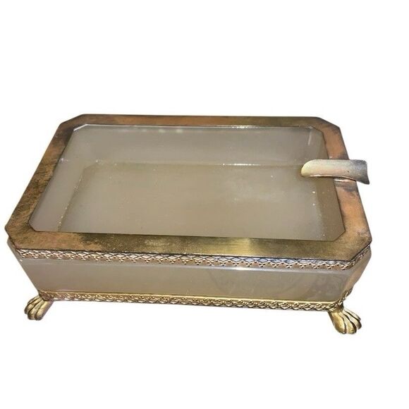 Rare Uranium Glass Ashtray Gilt Ormolu Mounts Mid Century - Picture 2 of 2